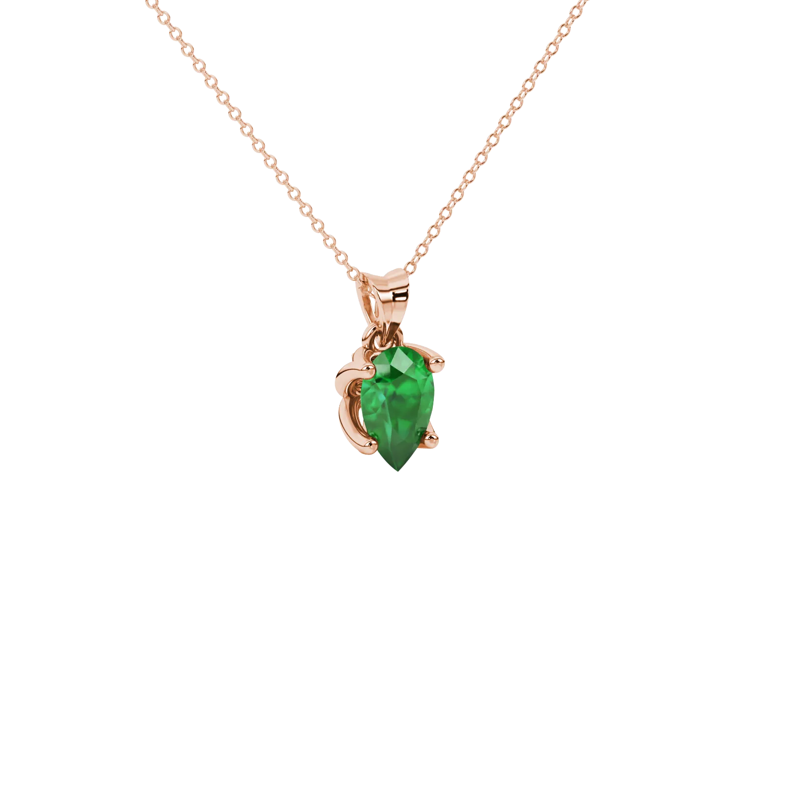 Close-up, pear shape emerald green gemstone pendant, rose gold tulip basket.