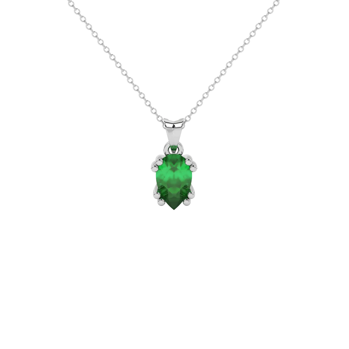 Pear shape emerald green gemstone pendant, white gold vintage basket setting.