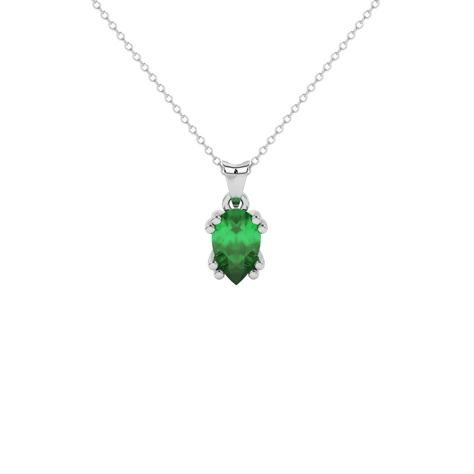 Pear shape emerald green gemstone pendant, white gold vintage basket setting.