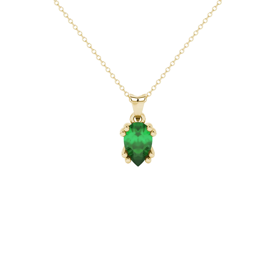 Pear shape emerald green gemstone pendant, yellow gold vintage basket setting.