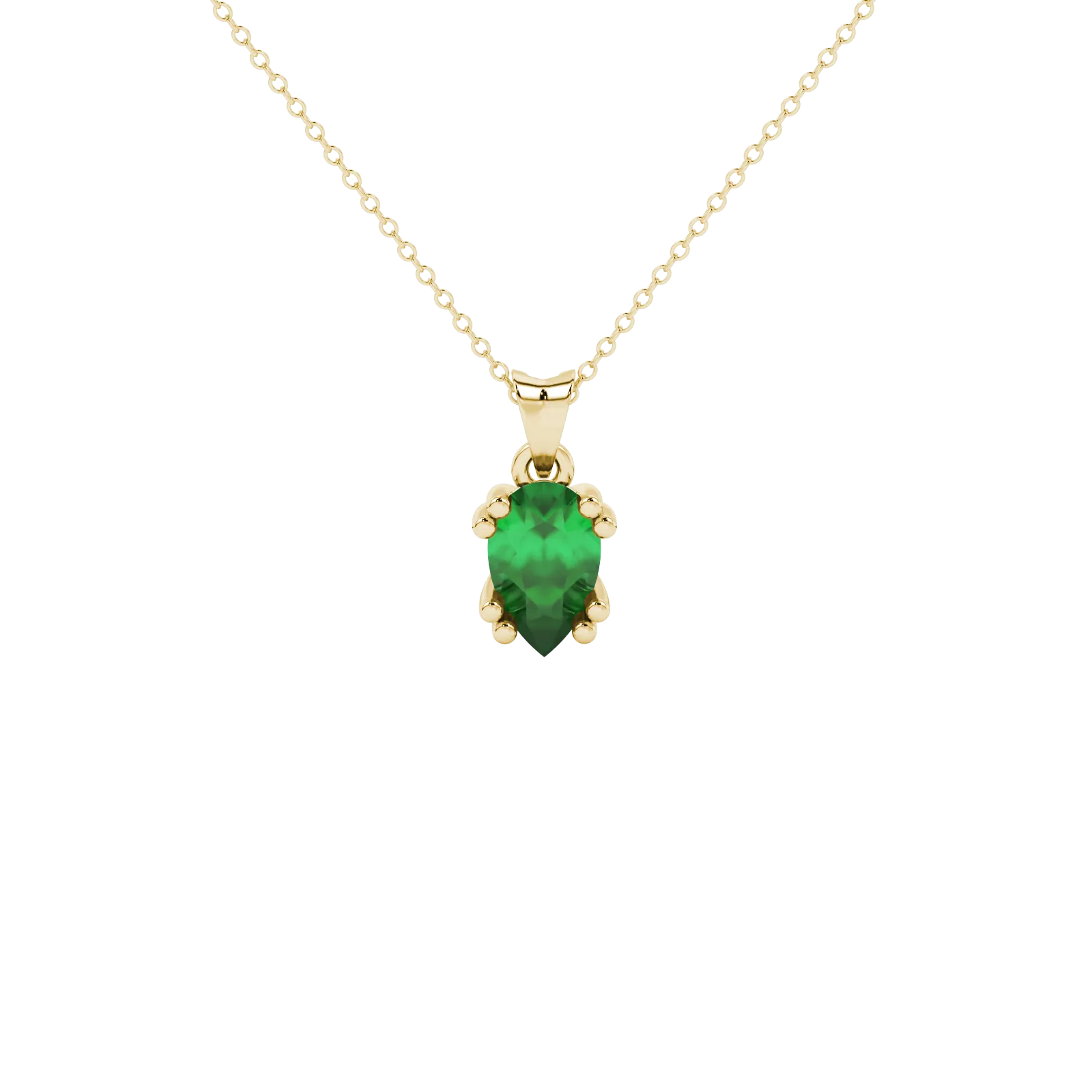 Pear shape emerald green gemstone pendant, yellow gold vintage basket setting.