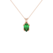 Pear shape emerald green gemstone pendant, rose gold vintage basket setting.