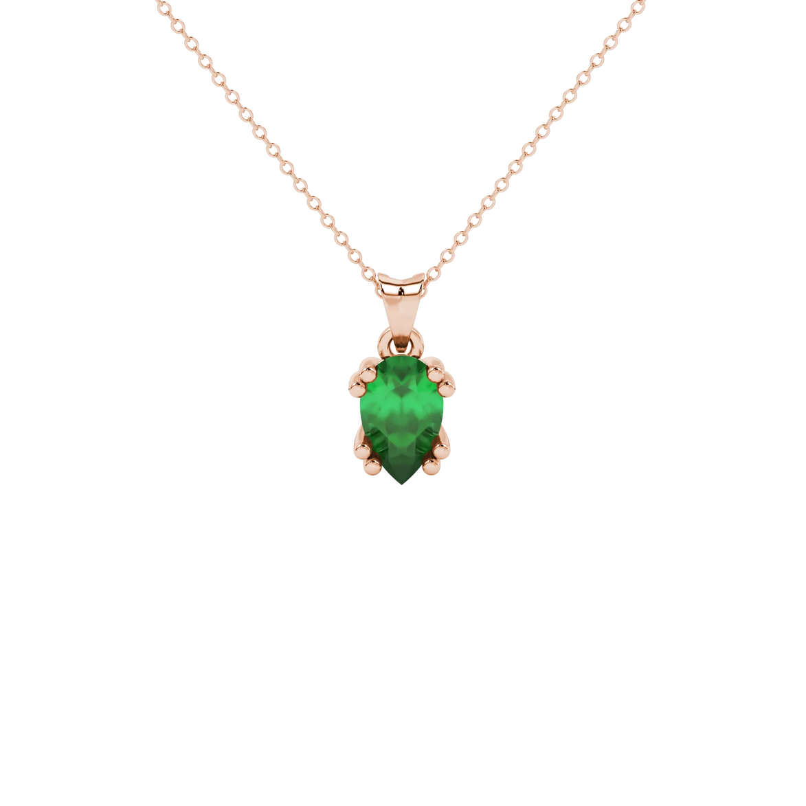 Pear shape emerald green gemstone pendant, rose gold vintage basket setting.