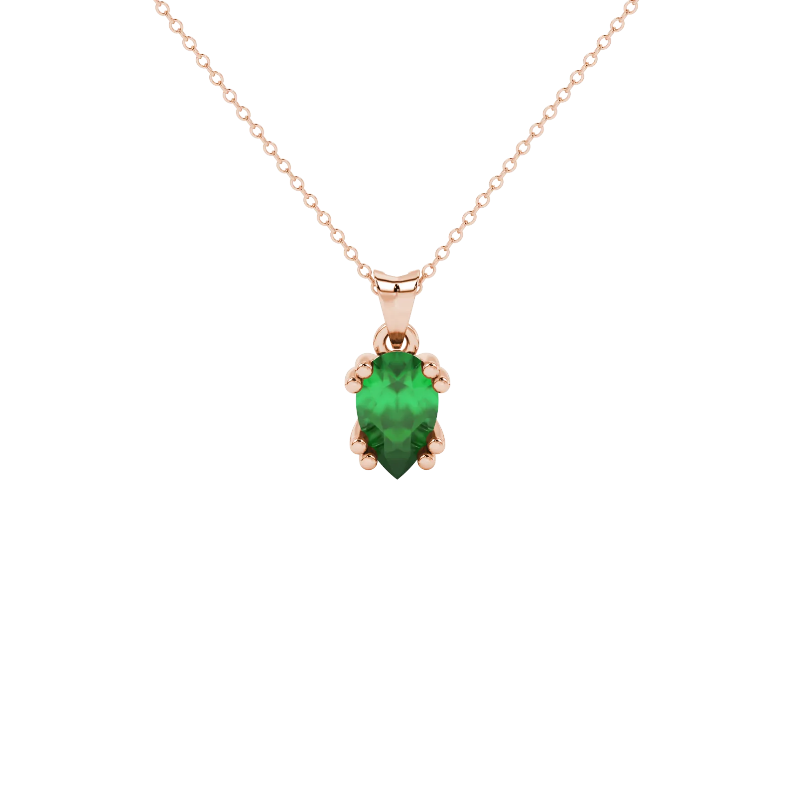 Pear shape emerald green gemstone pendant, rose gold vintage basket setting.