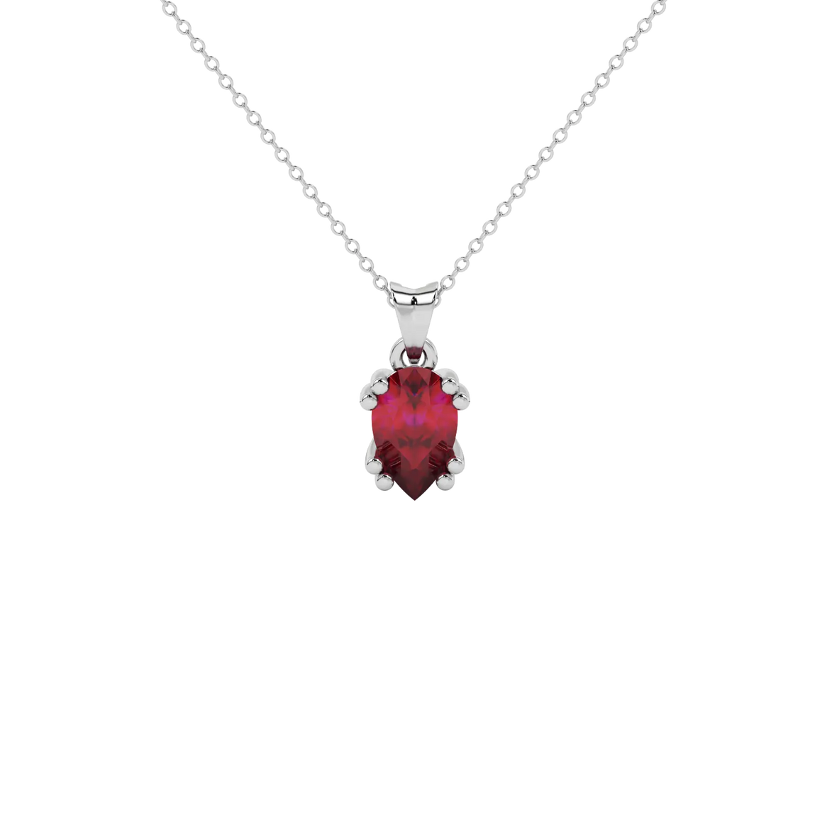 Pear shape raspberry red gemstone pendant, white gold vintage basket setting.