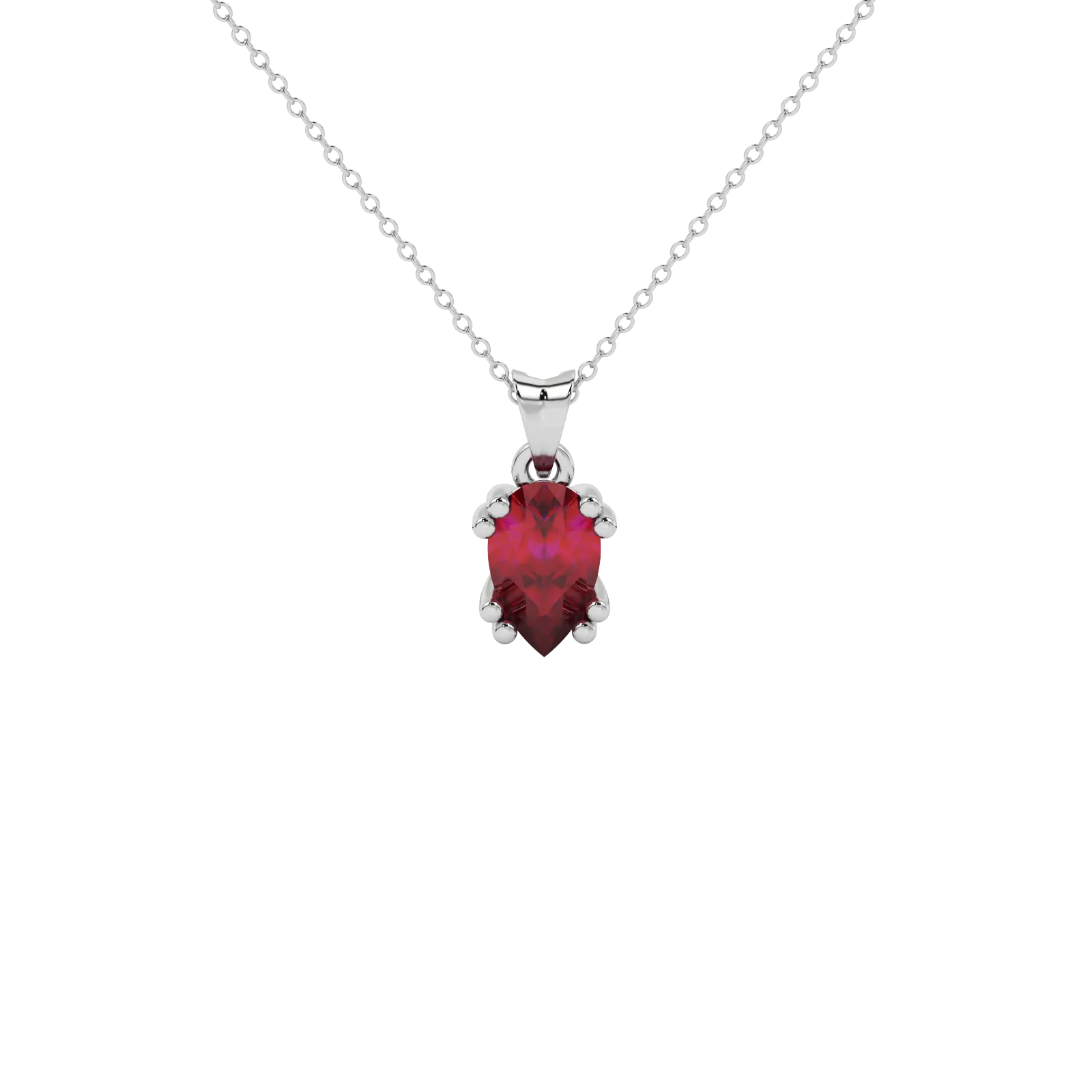 Pear shape raspberry red gemstone pendant, white gold vintage basket setting.