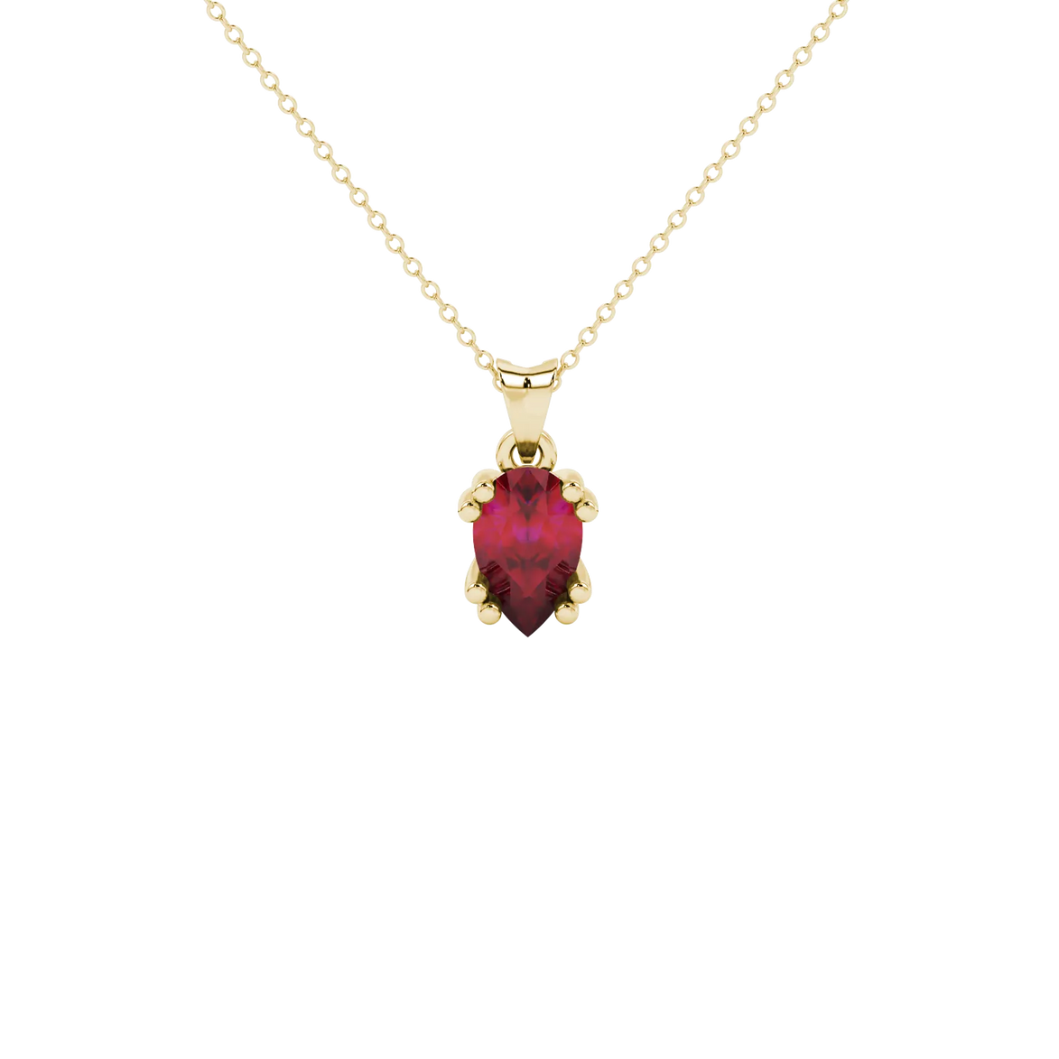 Pear shape raspberry red gemstone pendant, yellow gold vintage basket setting.