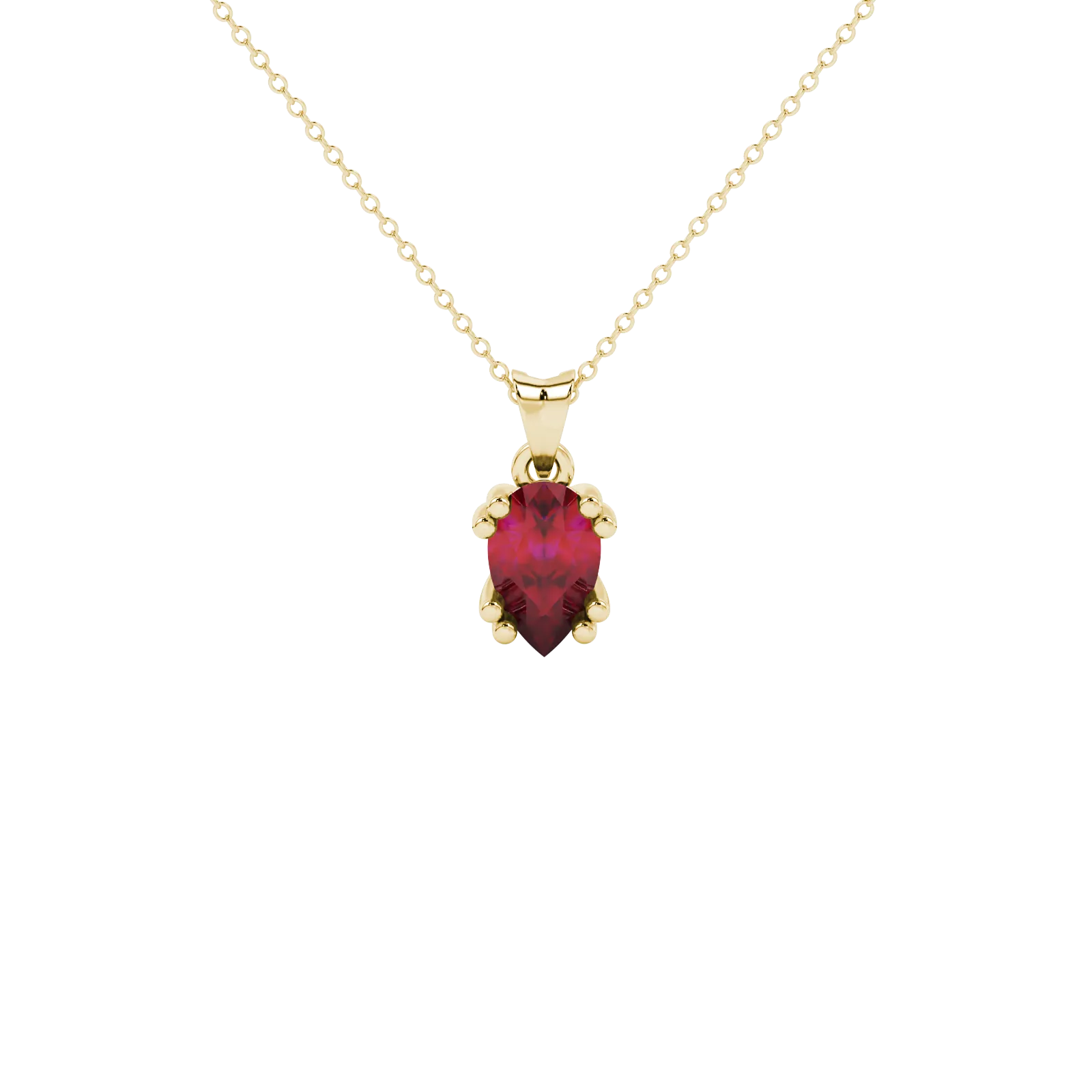 Pear shape raspberry red gemstone pendant, yellow gold vintage basket setting.