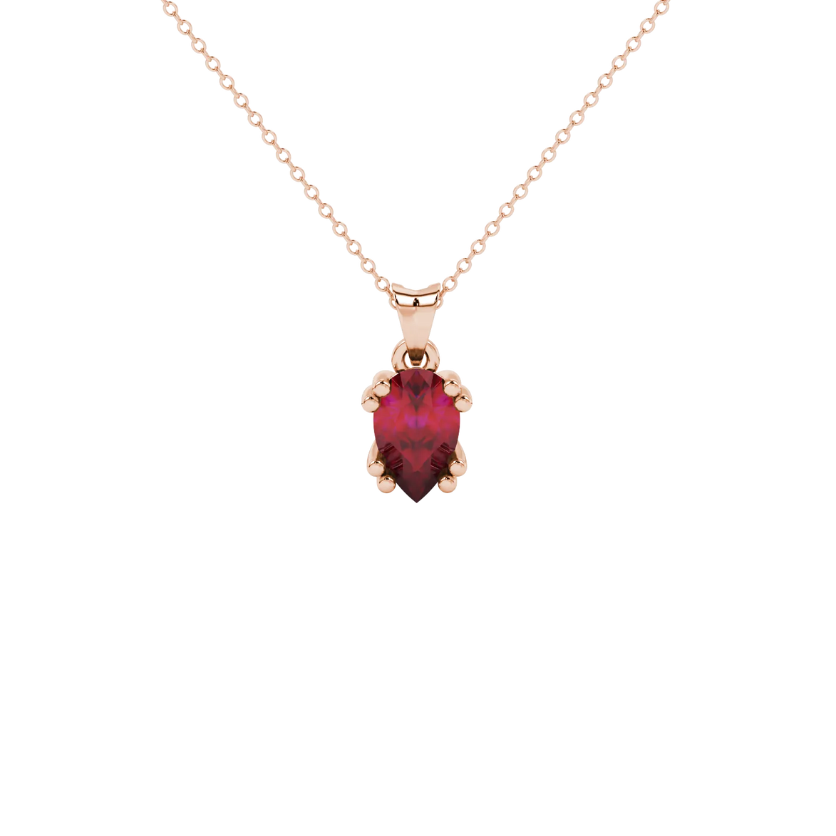 Pear shape raspberry red gemstone pendant, rose gold vintage basket setting.