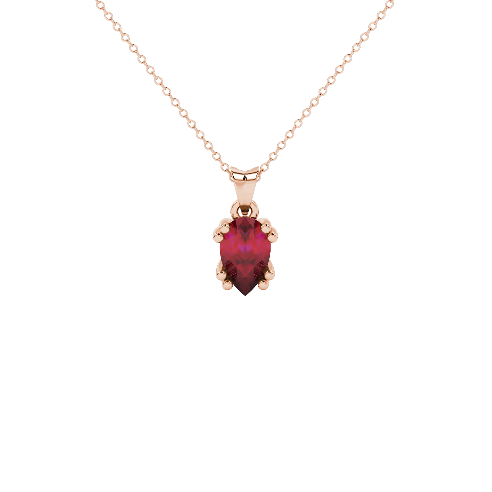Pear shape raspberry red gemstone pendant, rose gold vintage basket setting.