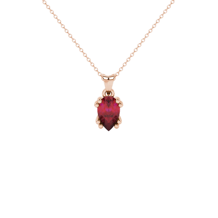 Pear shape raspberry red gemstone pendant, rose gold vintage basket setting.