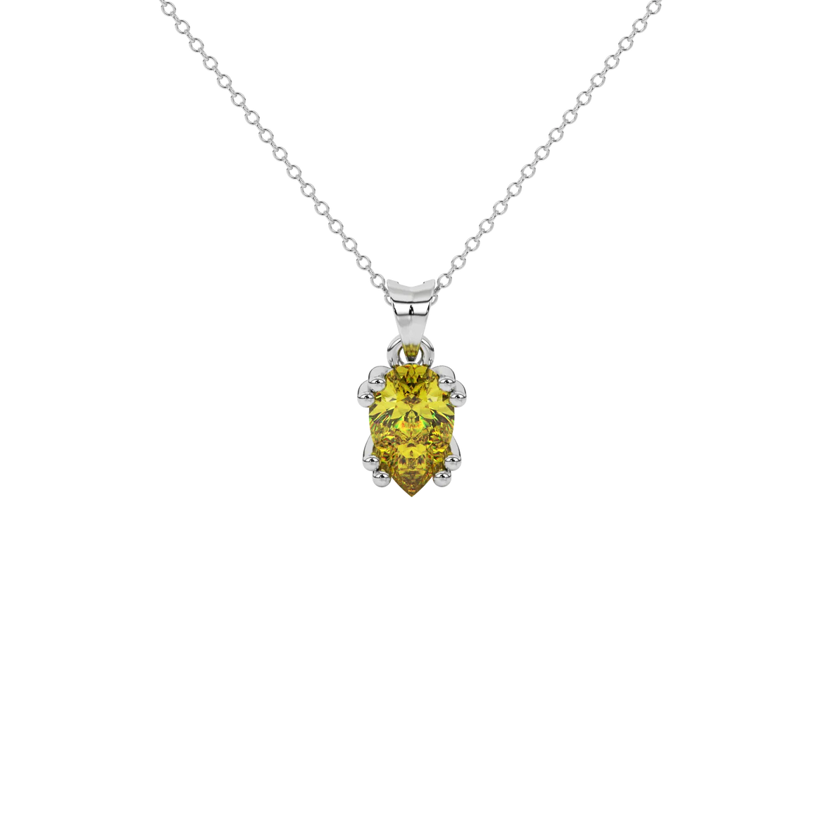 Pear shape canary yellow gemstone pendant, white gold vintage basket setting.