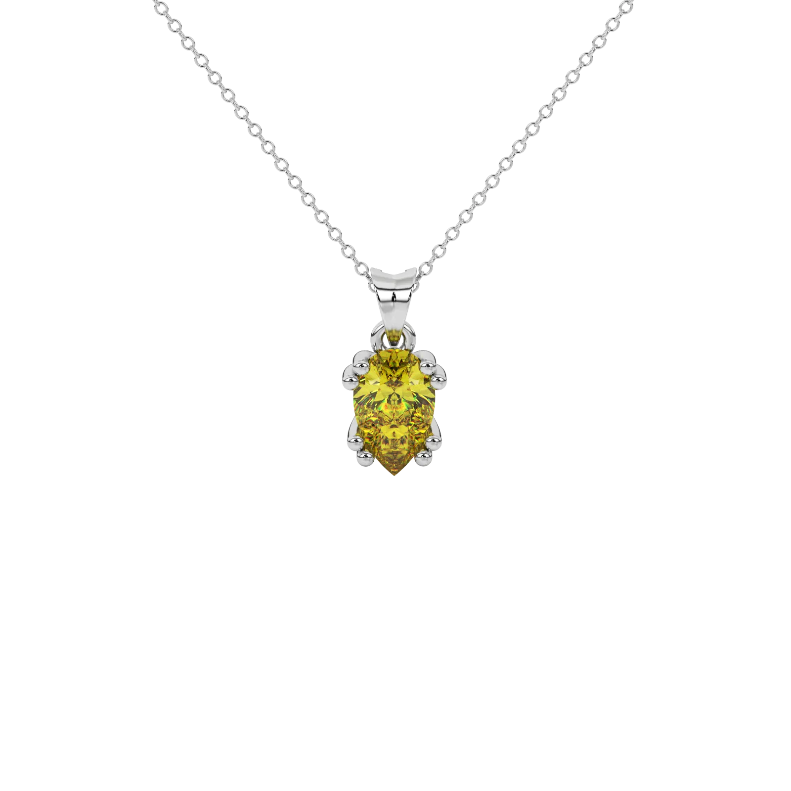 Pear shape canary yellow gemstone pendant, white gold vintage basket setting.