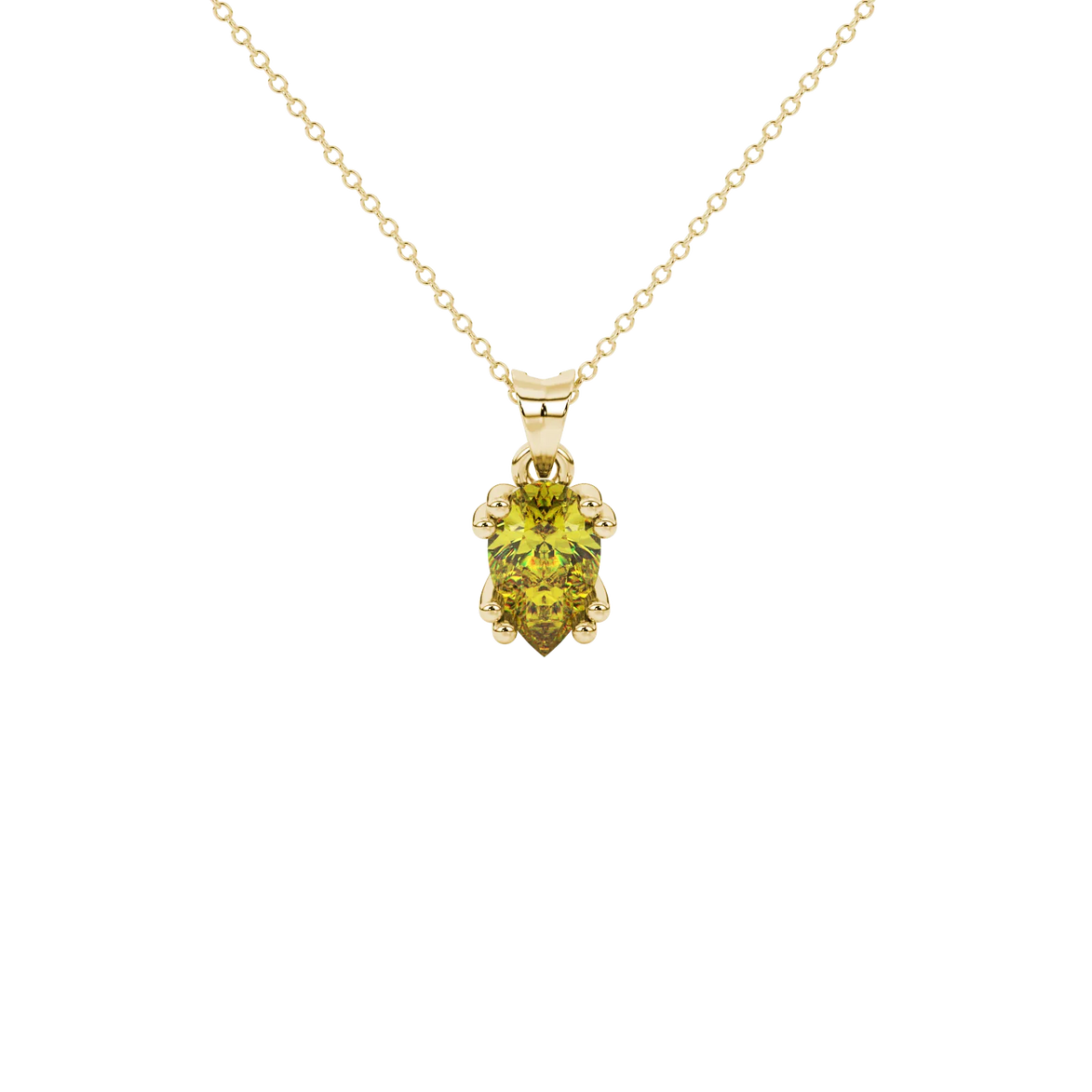 Pear shape canary yellow gemstone pendant, yellow gold vintage basket setting.