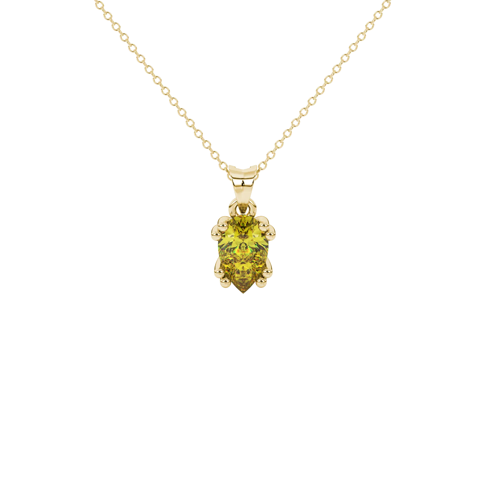 Pear shape canary yellow gemstone pendant, yellow gold vintage basket setting.