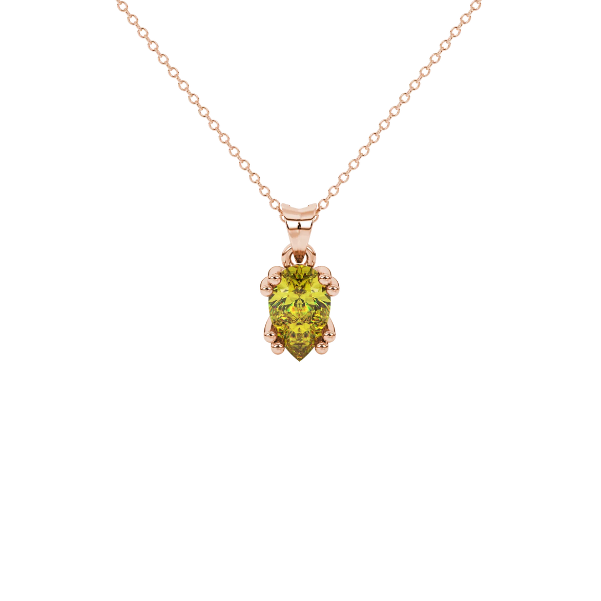 Pear shape canary yellow gemstone pendant, rose gold vintage basket setting.