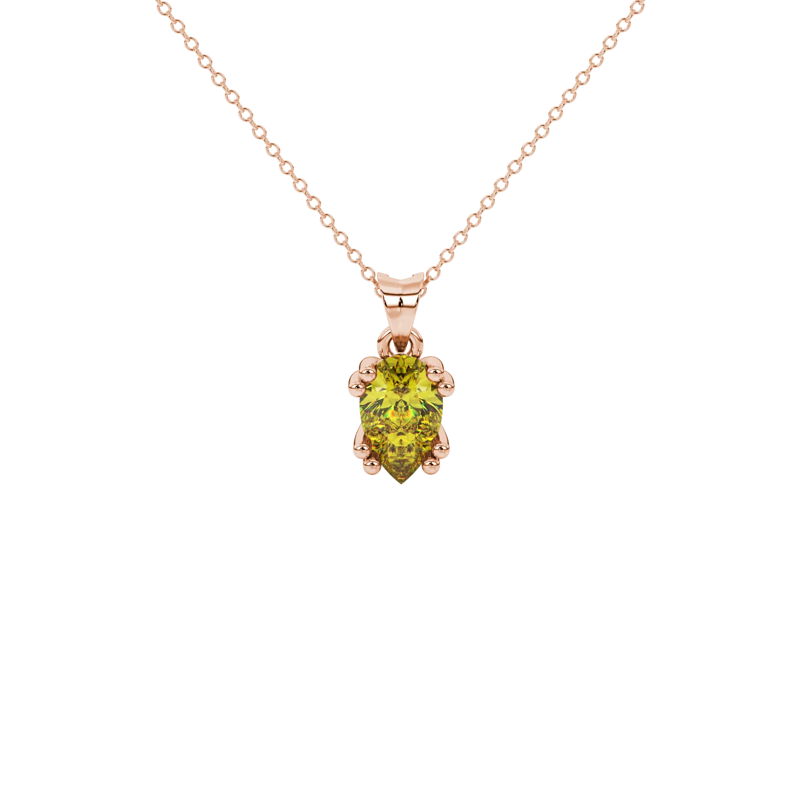 Pear shape canary yellow gemstone pendant, rose gold vintage basket setting.