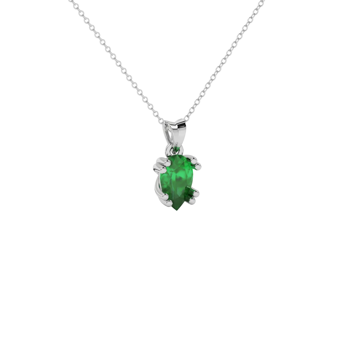 Close-up emerald green gemstone pendant, white gold vintage basket.