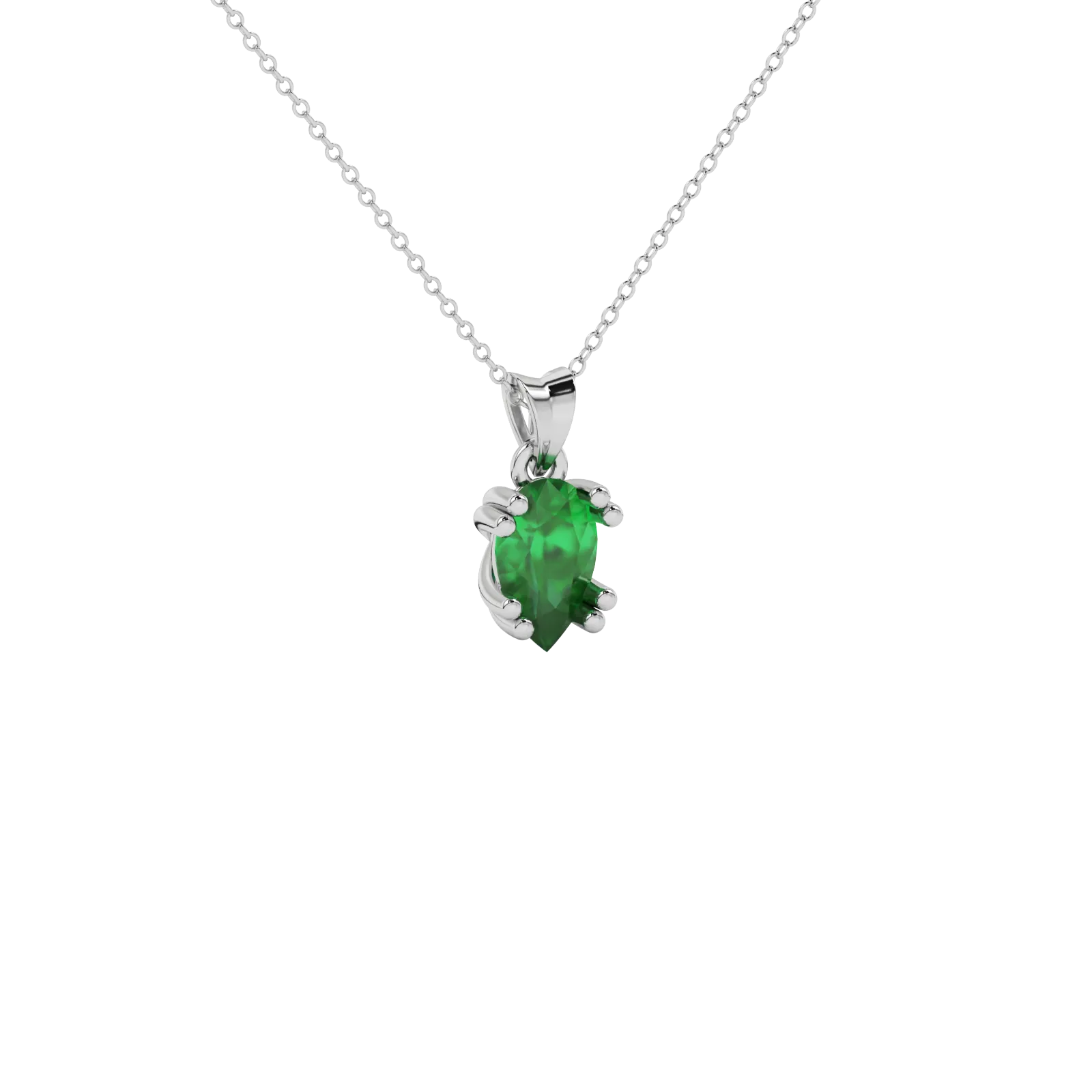 Close-up emerald green gemstone pendant, white gold vintage basket.