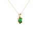 Close-up, pear shape emerald green gemstone, yellow gold vintage basket pendant.