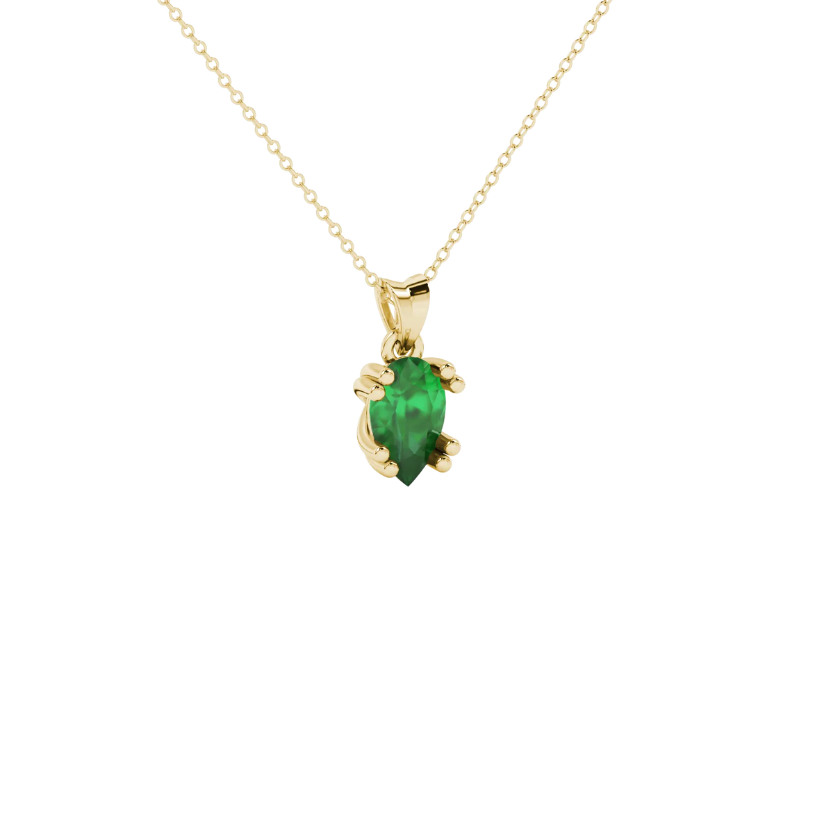 Close-up, pear shape emerald green gemstone, yellow gold vintage basket pendant.