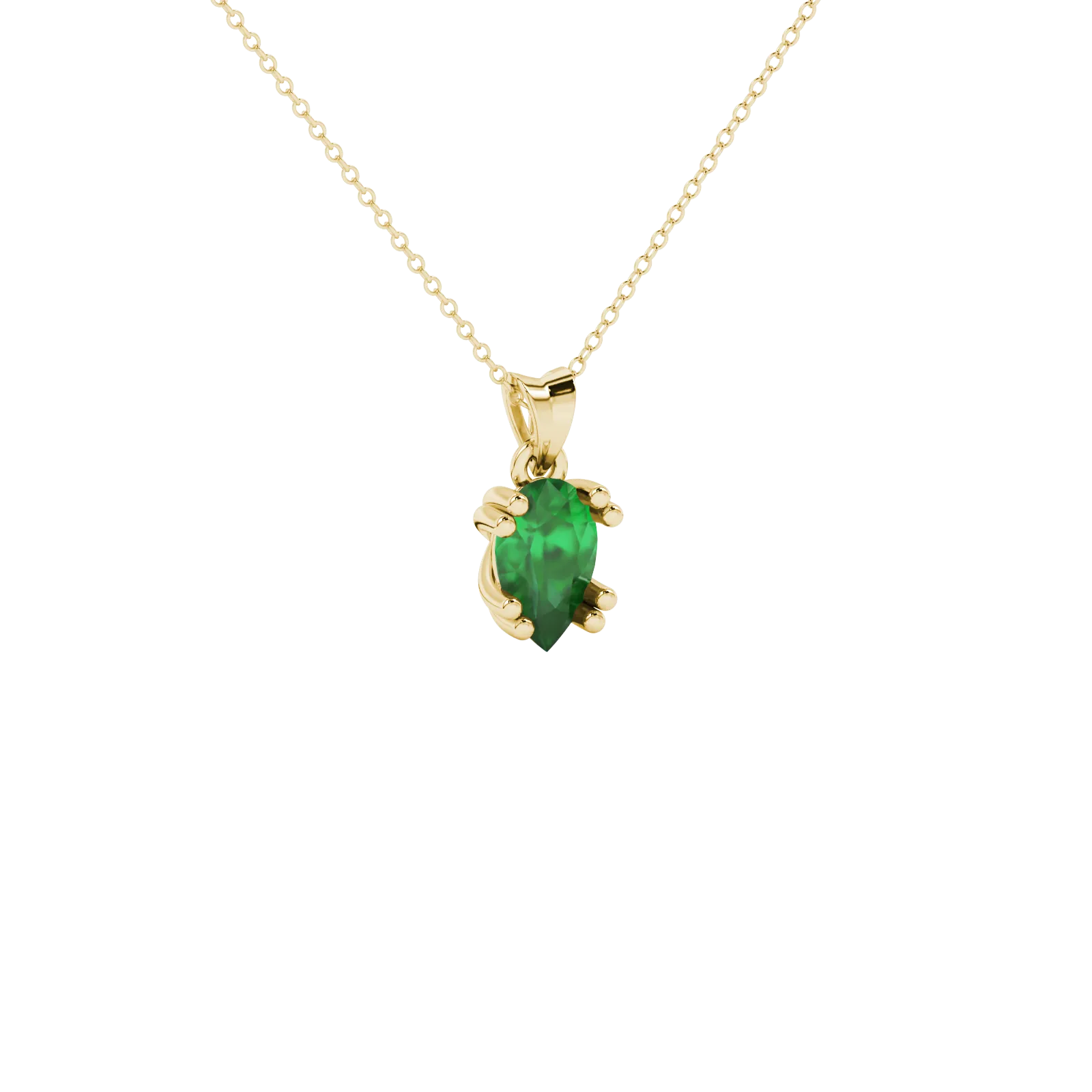 Close-up, pear shape emerald green gemstone, yellow gold vintage basket pendant.