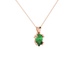 Close-up, pear shape emerald green gemstone pendant, rose gold vintage basket.