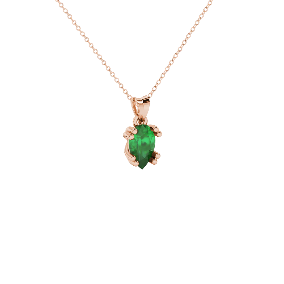 Close-up, pear shape emerald green gemstone pendant, rose gold vintage basket.