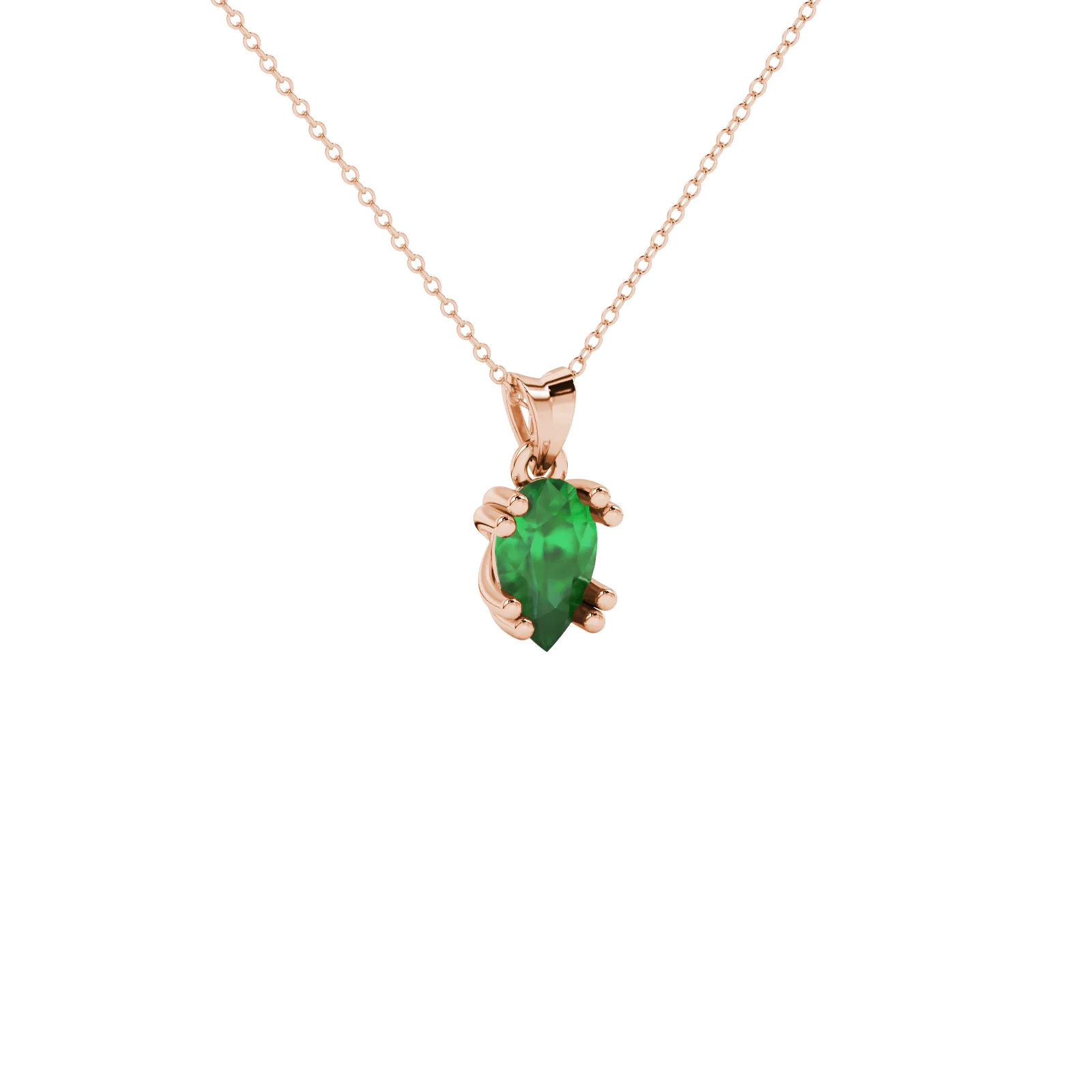 Close-up, pear shape emerald green gemstone pendant, rose gold vintage basket.