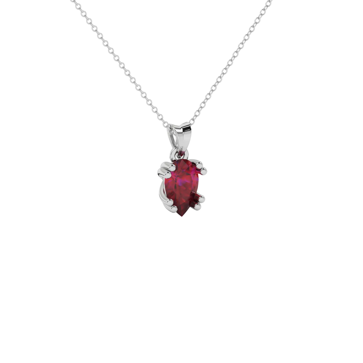 Close-up raspberry red gemstone pendant, white gold vintage basket.