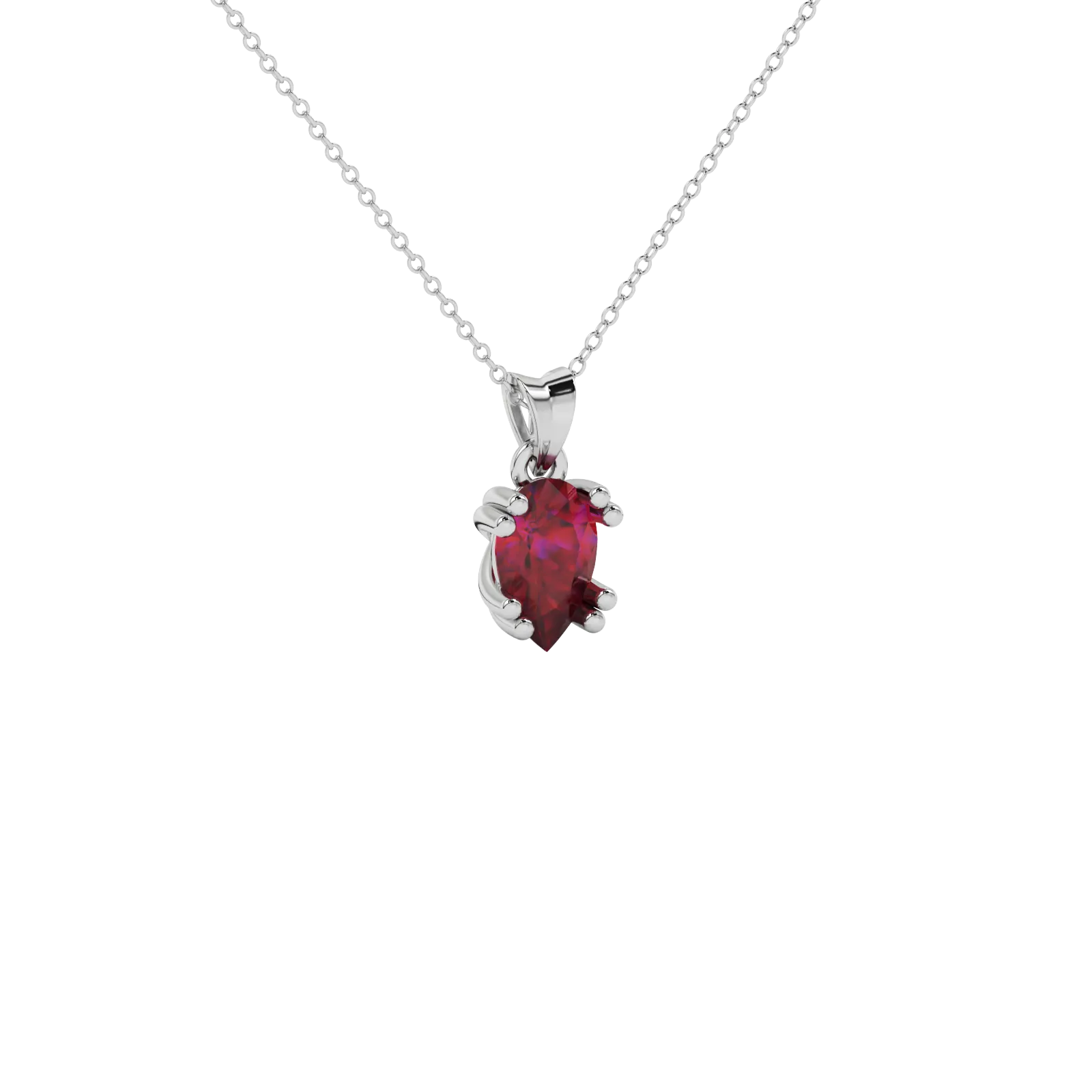 Close-up raspberry red gemstone pendant, white gold vintage basket.