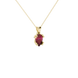 Close-up, pear shape raspberry red gemstone, yellow gold vintage basket pendant.