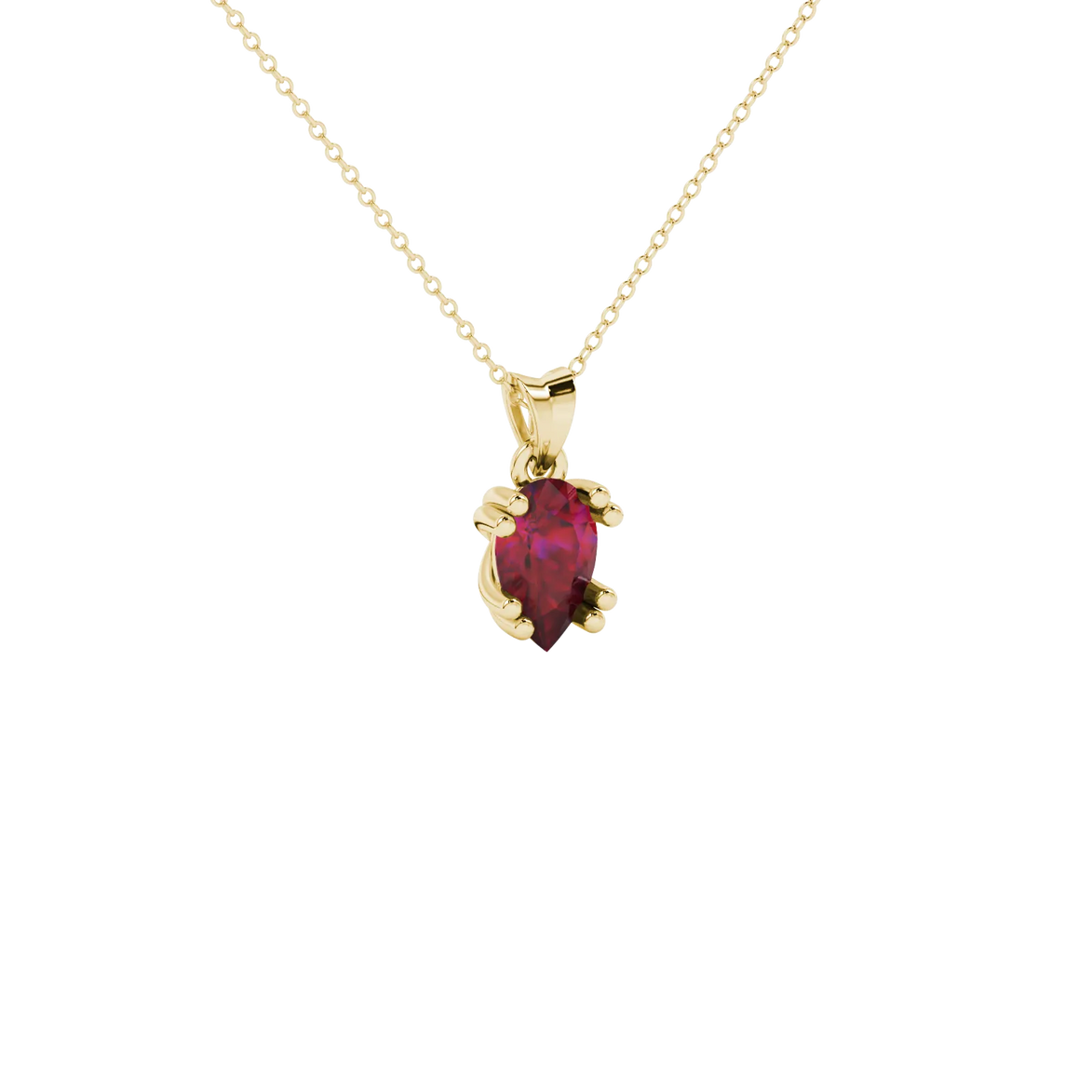 Close-up, pear shape raspberry red gemstone, yellow gold vintage basket pendant.