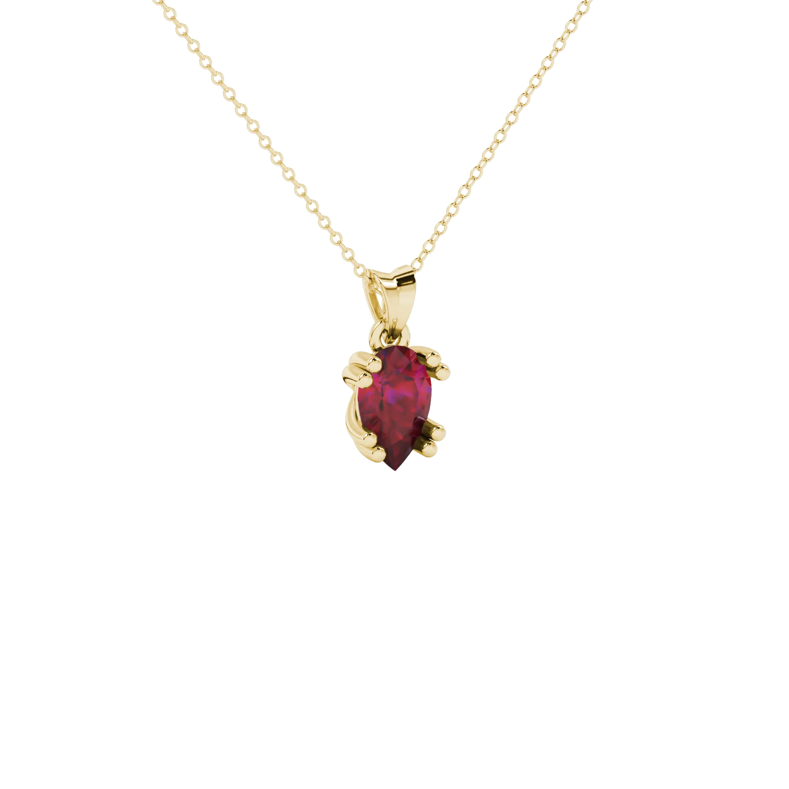 Close-up, pear shape raspberry red gemstone, yellow gold vintage basket pendant.