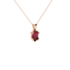 Close-up, pear shape raspberry red gemstone pendant, rose gold vintage basket.