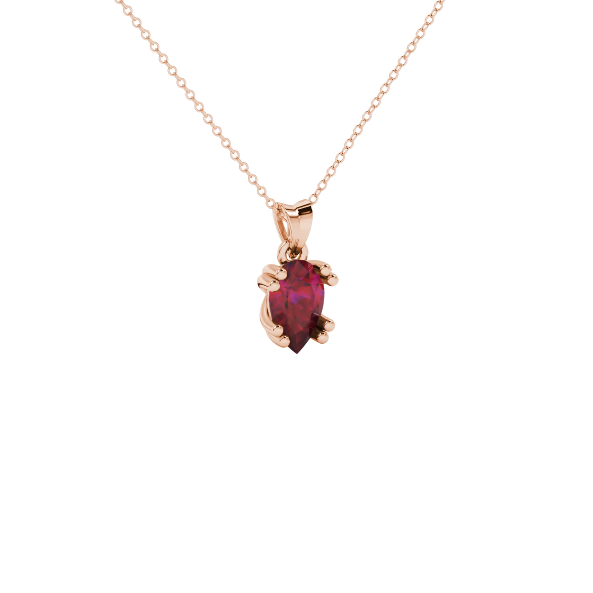 Close-up, pear shape raspberry red gemstone pendant, rose gold vintage basket.
