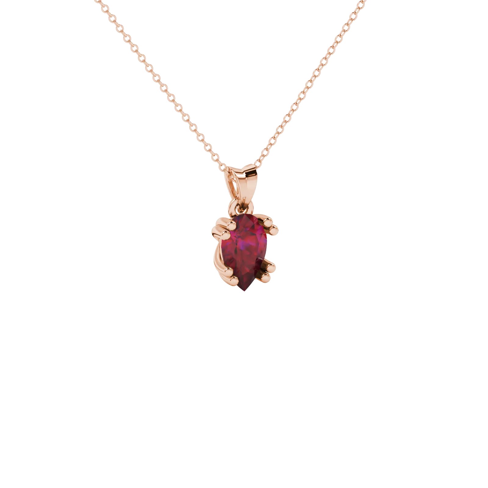 Close-up, pear shape raspberry red gemstone pendant, rose gold vintage basket.