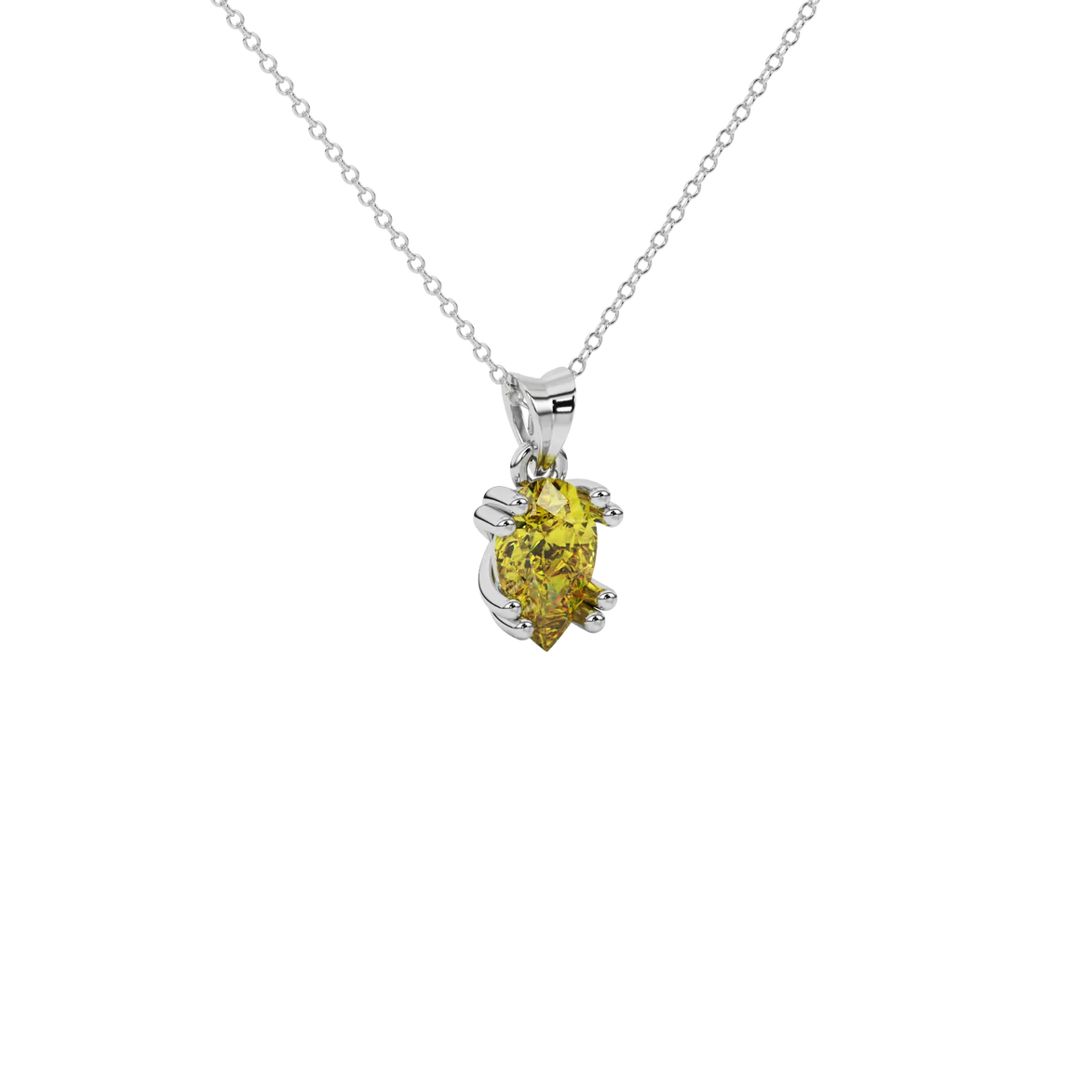 Close-up canary yellow gemstone pendant, white gold vintage basket.