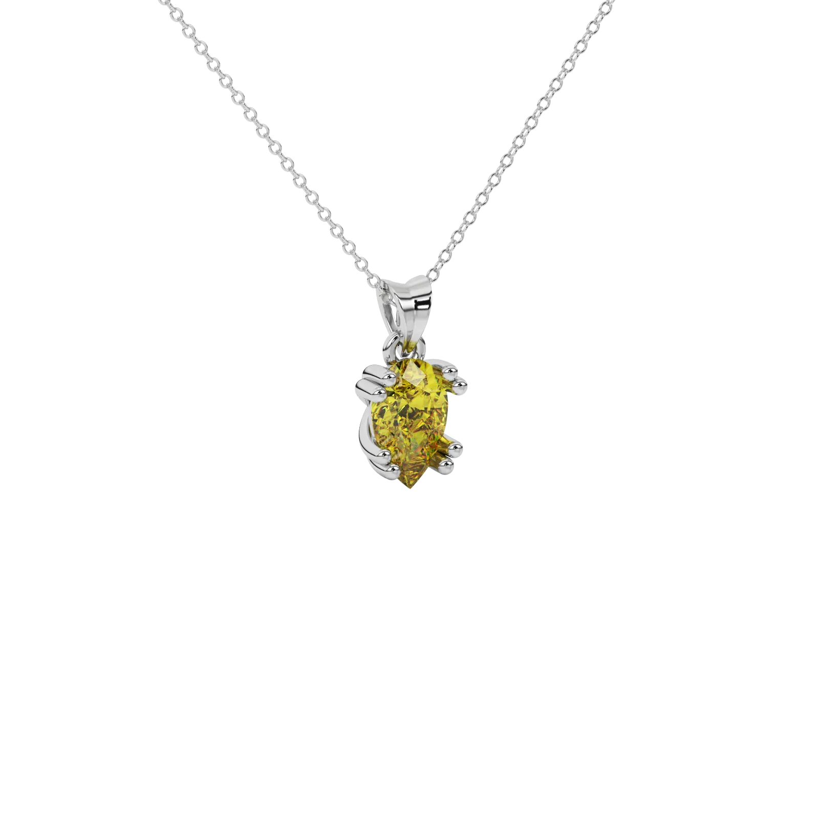 Close-up canary yellow gemstone pendant, white gold vintage basket.