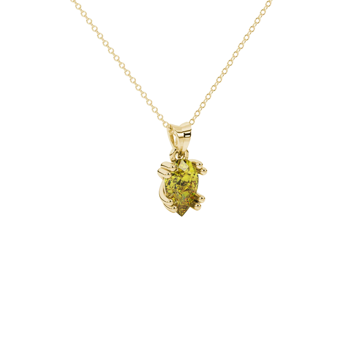 Close-up, pear shape canary yellow gemstone, yellow gold vintage basket pendant.