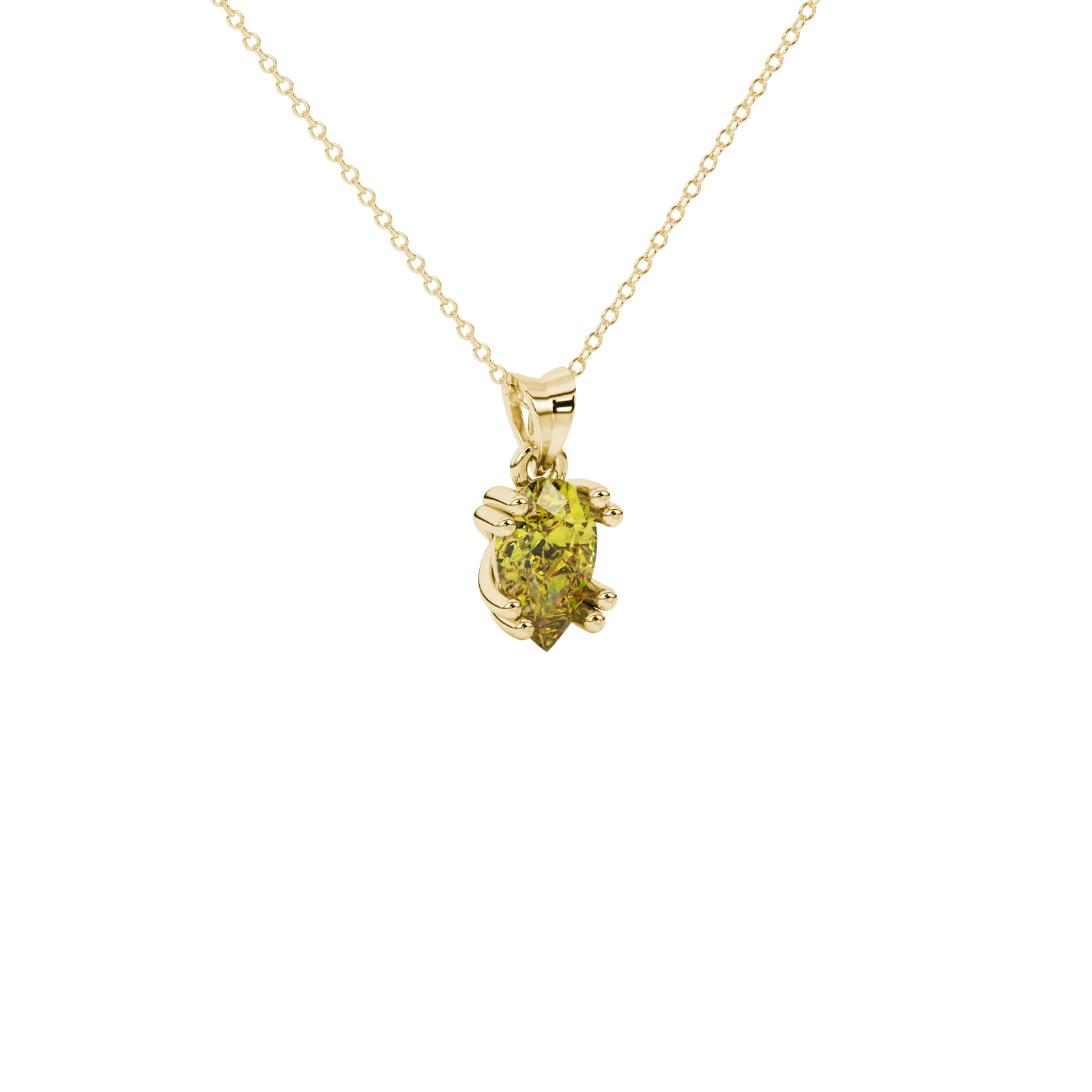 Close-up, pear shape canary yellow gemstone, yellow gold vintage basket pendant.
