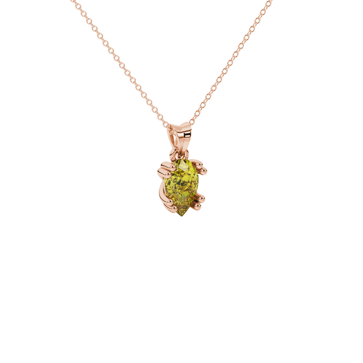 Close-up, pear shape canary yellow gemstone pendant, rose gold vintage basket.