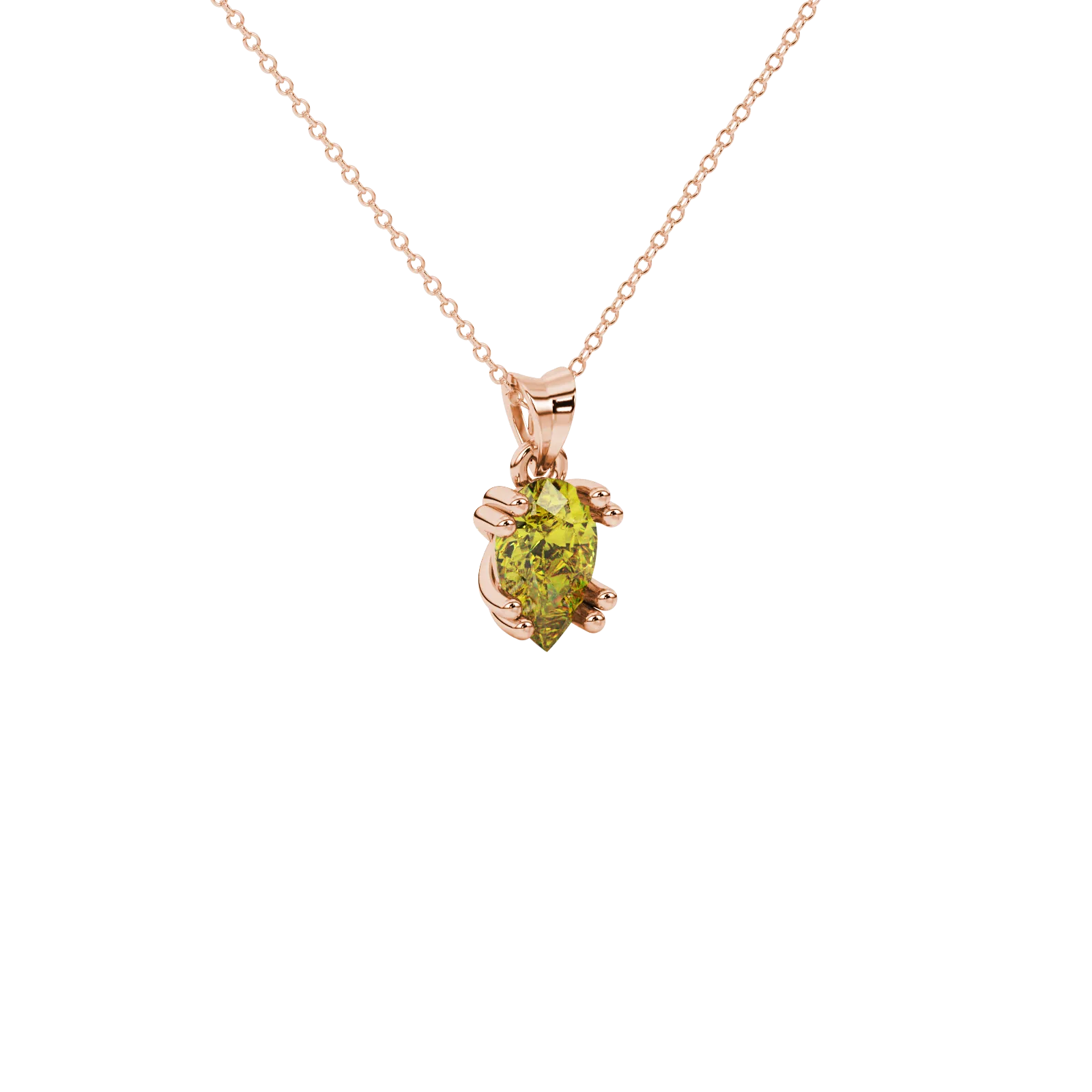Close-up, pear shape canary yellow gemstone pendant, rose gold vintage basket.