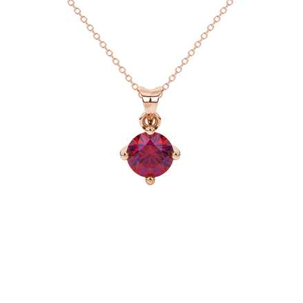 Round-cut raspberry red gemstone pendant in a rose gold four-prong setting.