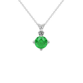 Round-cut emerald green gemstone pendant in a white gold four-prong setting.