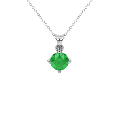 Round-cut emerald green gemstone pendant in a white gold four-prong setting.