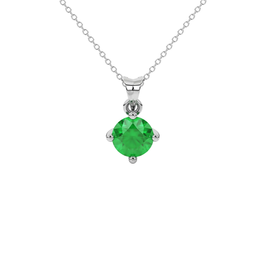 Round-cut emerald green gemstone pendant in a white gold four-prong setting.
