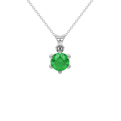 Round-cut emerald green gemstone pendant in a white gold six-prong setting