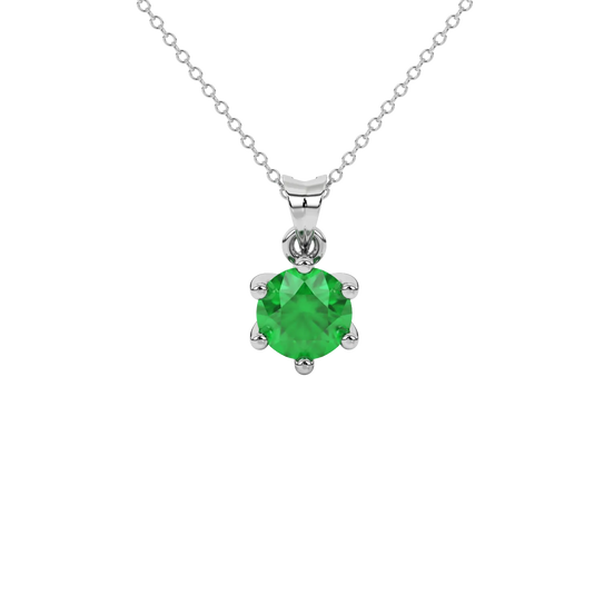 Round-cut emerald green gemstone pendant in a white gold six-prong setting