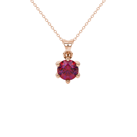 Round-cut raspberry red gemstone pendant in a rose gold six-prong setting.